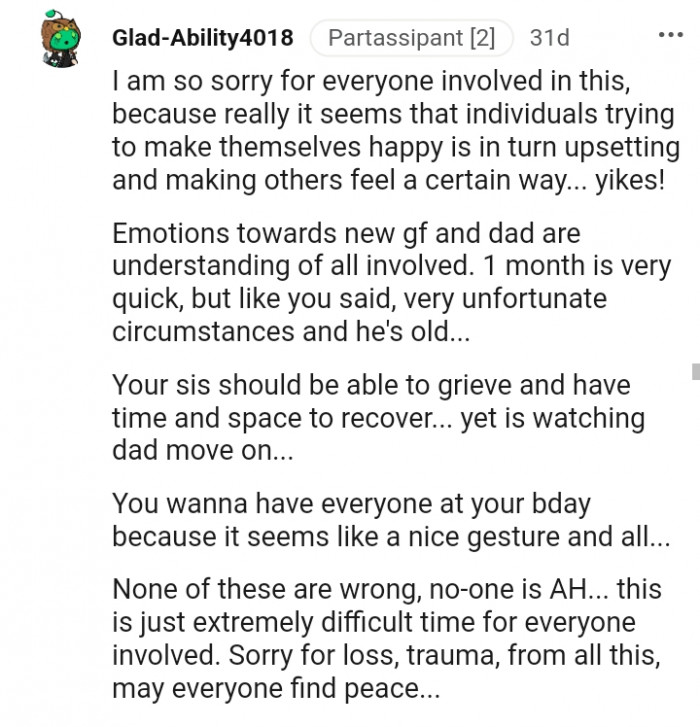 Emotions towards new GF and dad are understanding of all involved