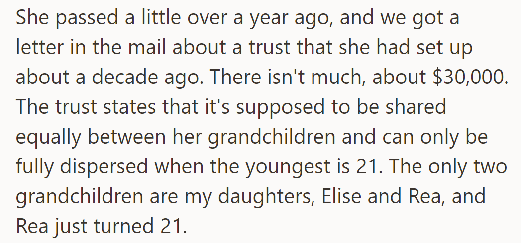 Grandma's trust: $30,000 split between Elise and Rea, now that Rea's 21.