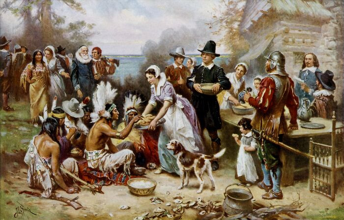 The 1621 harvest feast shared by the Pilgrims and the Wampanoag is remembered today as the First Thanksgiving.