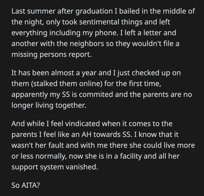 OP Left in the Middle of the Night After Her High School Graduation