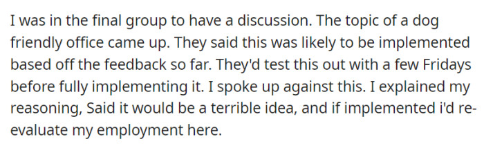In the last group discussion, the potential for a dog-friendly office was mentioned for likely implementation based on feedback.