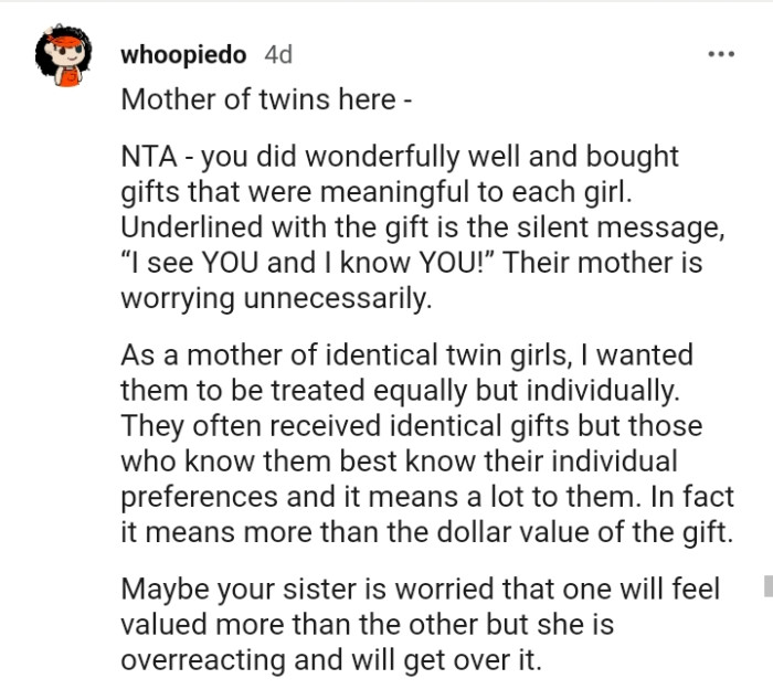 This Redditor wanted her girls to be treated equally but individually