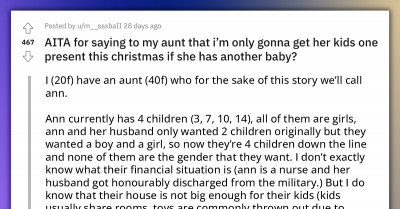 Judgmental Redditor Tells Her Aunt With 4 Kids That She Will Reduce Gifts For Her Family If She Goes Through With Her Plan Of Having Another Child