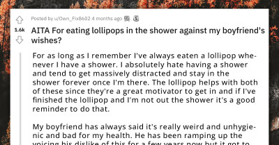 Redditor Refuses To Give Up Eating Lollipops In The Shower Just Because Boyfriend Thinks It's Unhygienic And Bad For Her Health