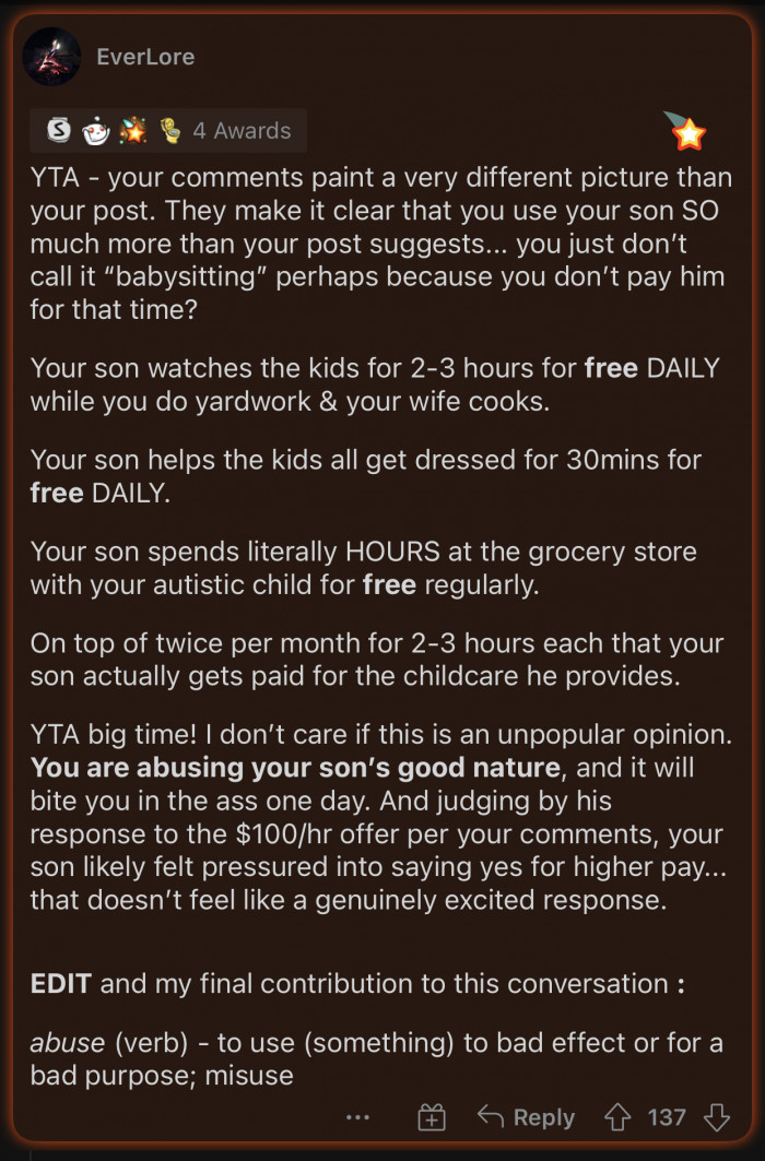 This user had a different opinion than most of the other users and went with YTA.