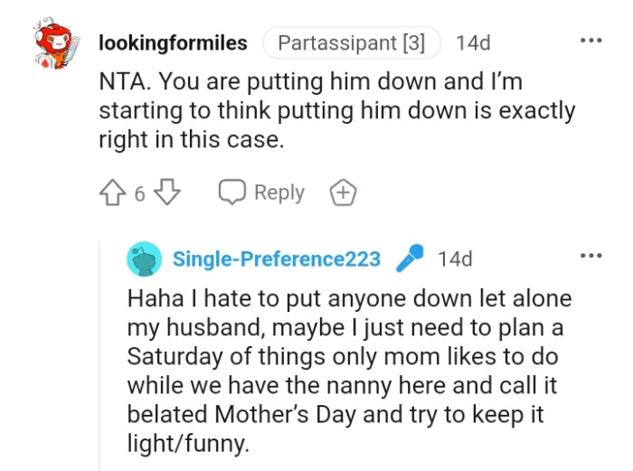 The OP hates to put anyone down, let alone her husband