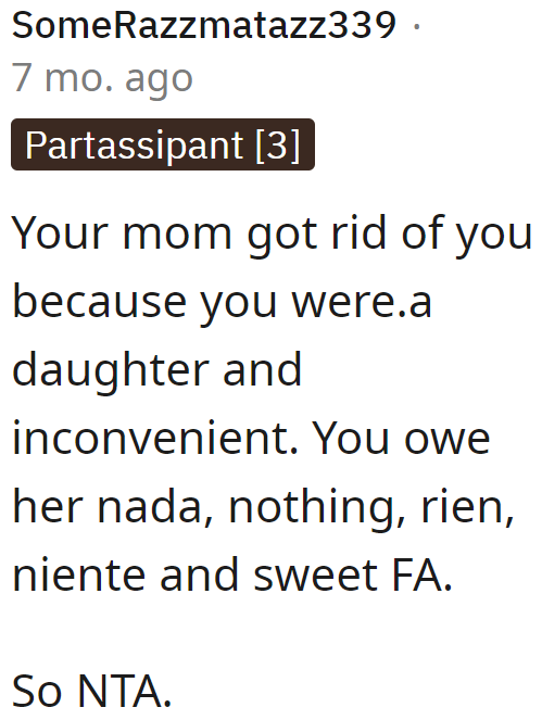 The OP owes absolutely nothing to her mother. She shouldn't feel bad for not helping.