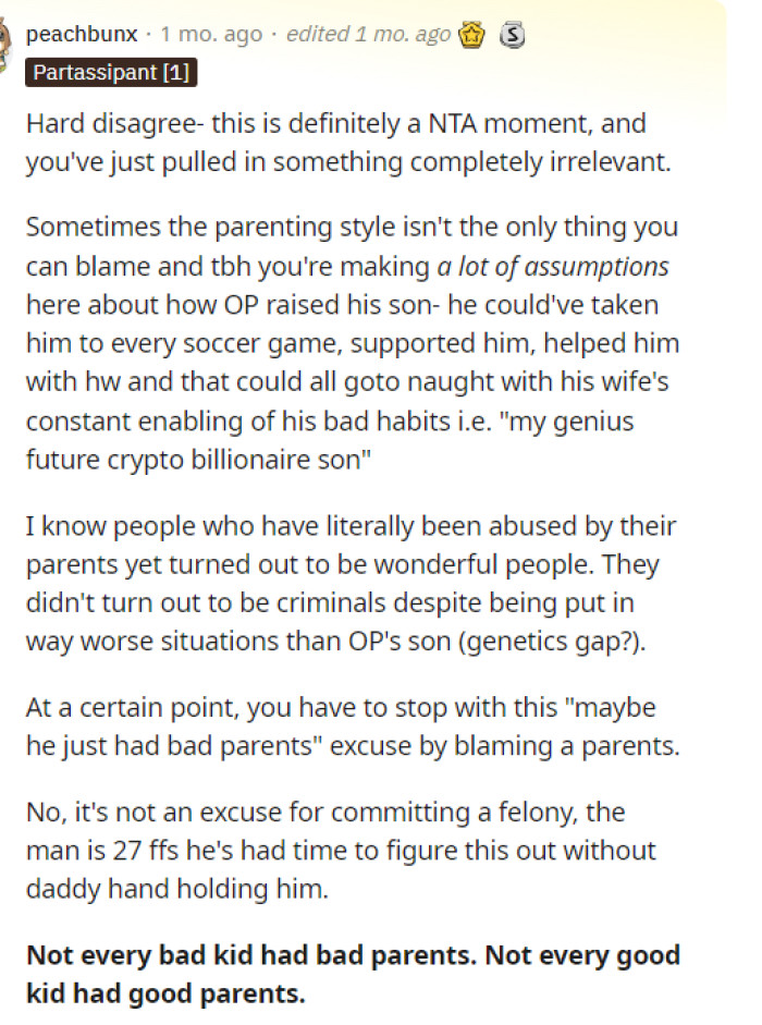 This comment articulated things well because it called out everyone in the comments. Ultimately, the last quote stands, and it has nothing to do with how they parented.