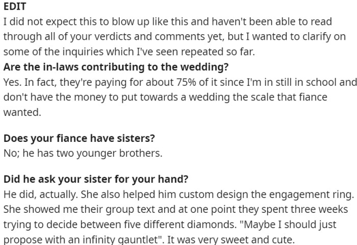 The in-laws are contributing to the wedding, covering approximately 75% of the expenses