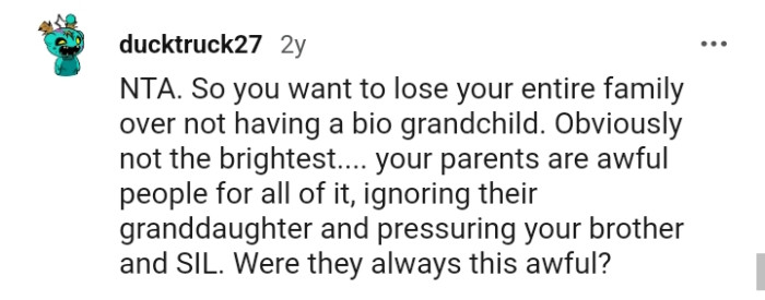This Redditor believes that the OP's parents are awful people