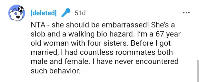 This Redditor has never encountered such behavior, and the OP's roommate should be embarrassed