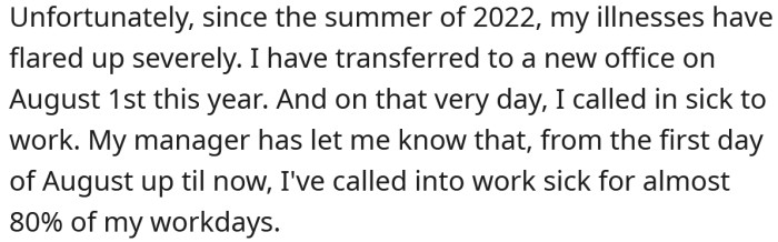 The OP's manager has told him he has now called in sick for almost 80% of his work days.