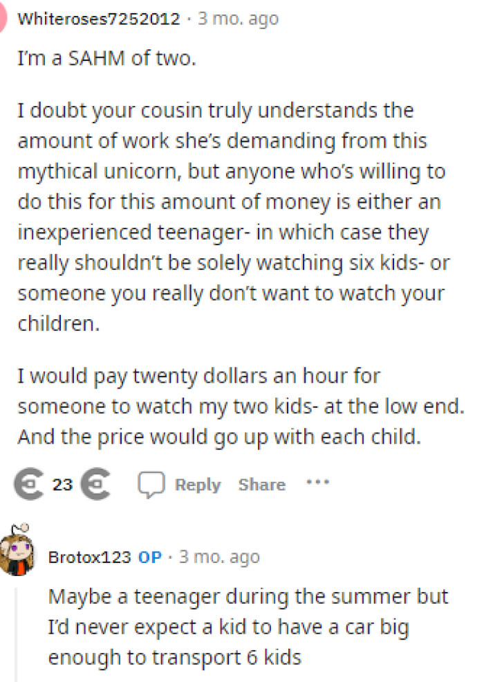 Clearly, her cousin doesn't understand because many of us know what it's like to work with that many kids.