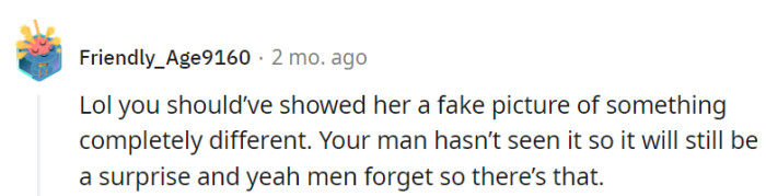 A fake picture diversion could have been fun; her man's forgetfulness ensures the surprise remains intact.