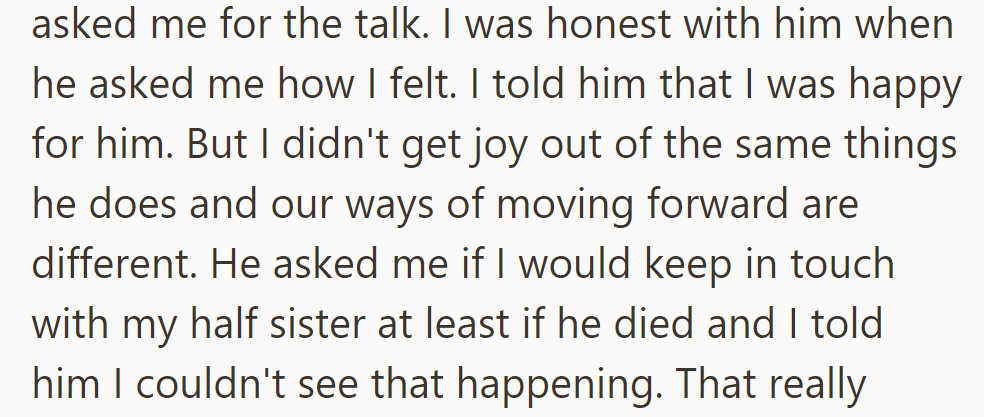 OP expressed happiness for their dad but doubted keeping in touch with their half-sister if he passed away.