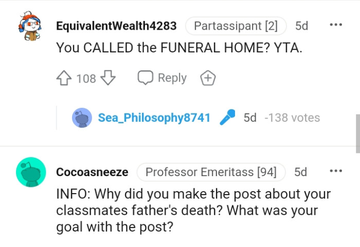 This Redditor declares the OP the AH for calling the funeral home