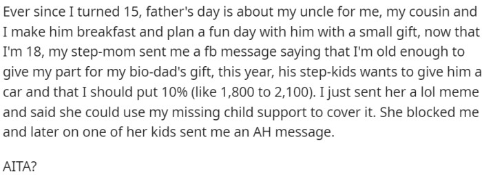 Now That OP Is 18, His Stepmom Requested a Financial Contribution Towards a Gift for Father's Day for His Biological Father