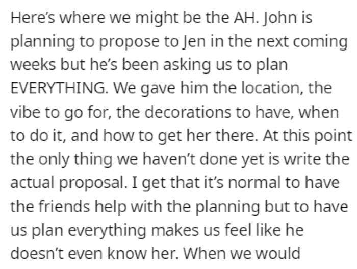 John is planning to propose, and he wants OP and Sarah to organize everything