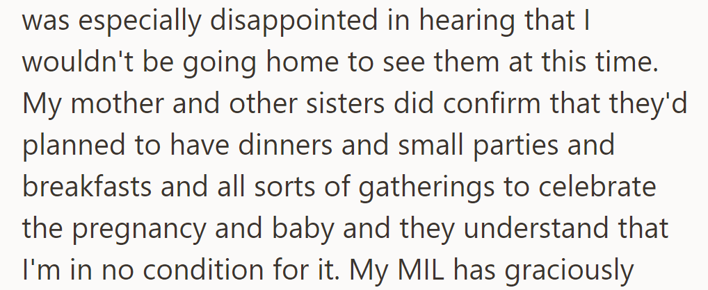 Disappointed about not going home now. Family planned gatherings but understands her condition.