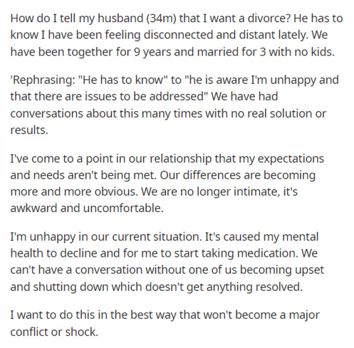 OP's post is pretty straightforward and explains the situation of wanting a divorce but not being sure how to bring it up to her husband.