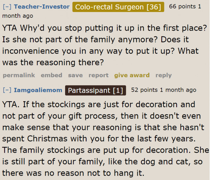 Redditors are questioning his decision not to display his daughter's stocking.