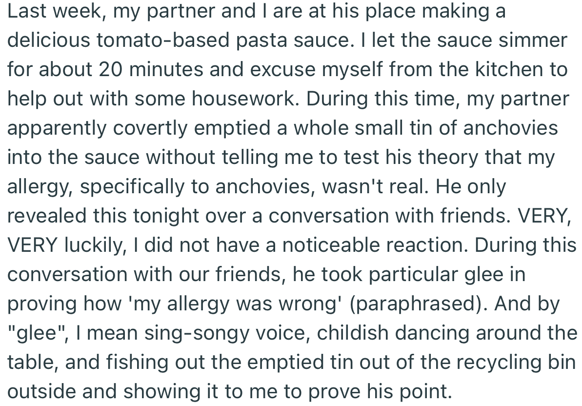 Recently, While OP Was Preparing a Dish, His Partner Secretly Put Anchovies in the Meal. Again, OP Ate Without Any Reactions, Proving to His Partner That He Might Not Have Any Real Allergies