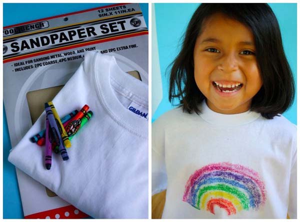 31. Help kids create their own t-shirt designs with crayons and sandpaper