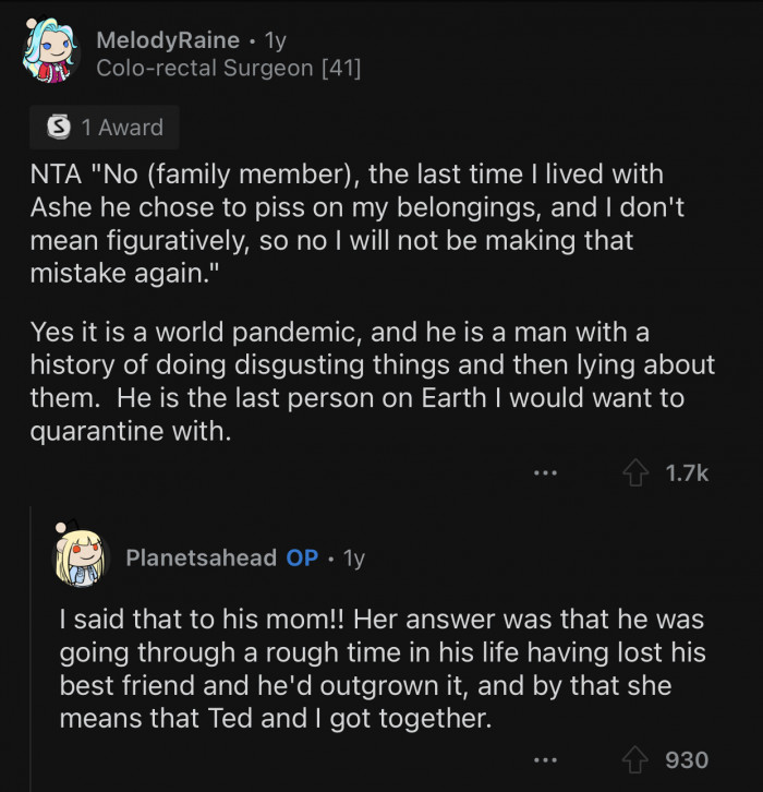 Quarantining with someone like that would be a nightmare.