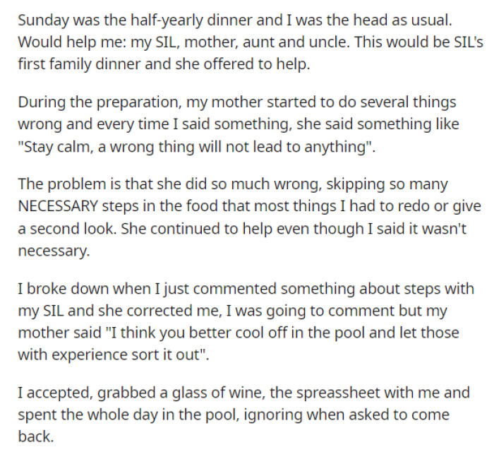 This is when she goes into the details of the events that occurred during their time cooking dinner on this particular day.