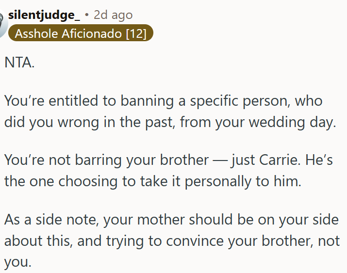 Banning someone who wronged you from your wedding is reasonable.
