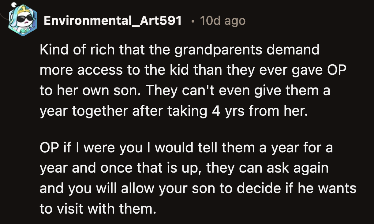 The irony of them accusing OP of keeping her son away from them and brainwashing him is rich.