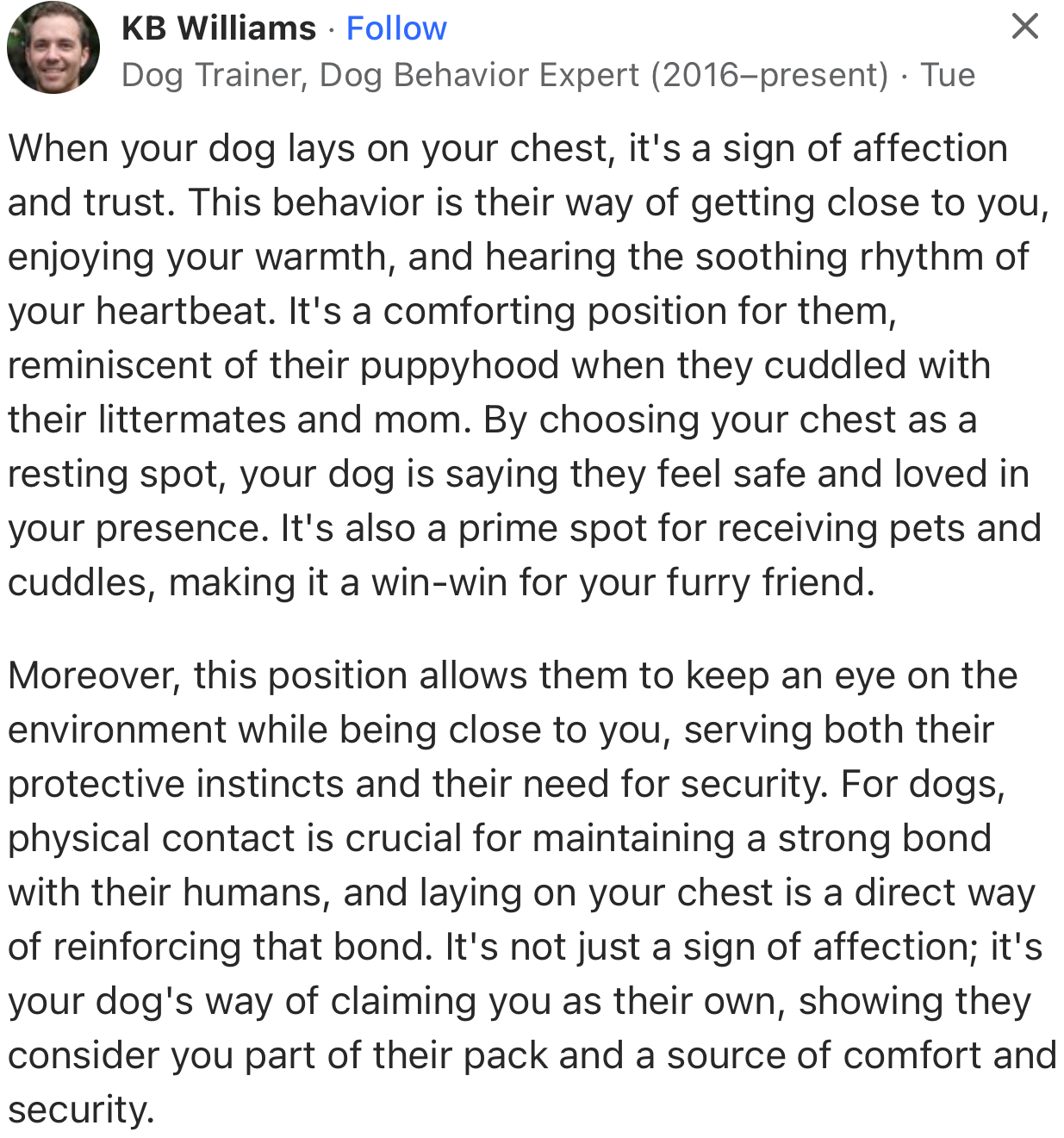 “By choosing your chest as a resting spot, your dog is saying they feel safe and loved in your presence.”