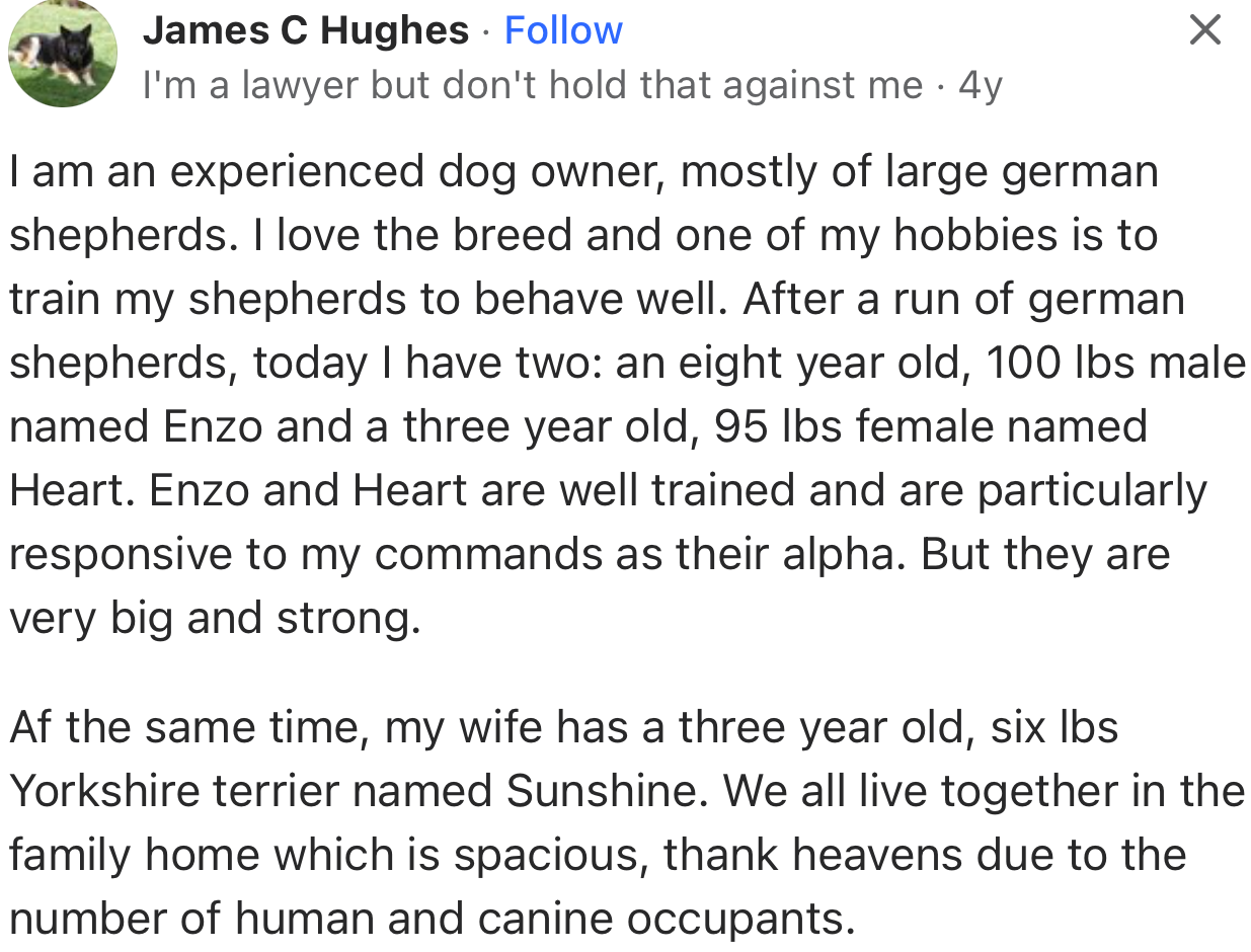 An experienced dog owner (mostly of large German Shepherds) decided to give his two cents