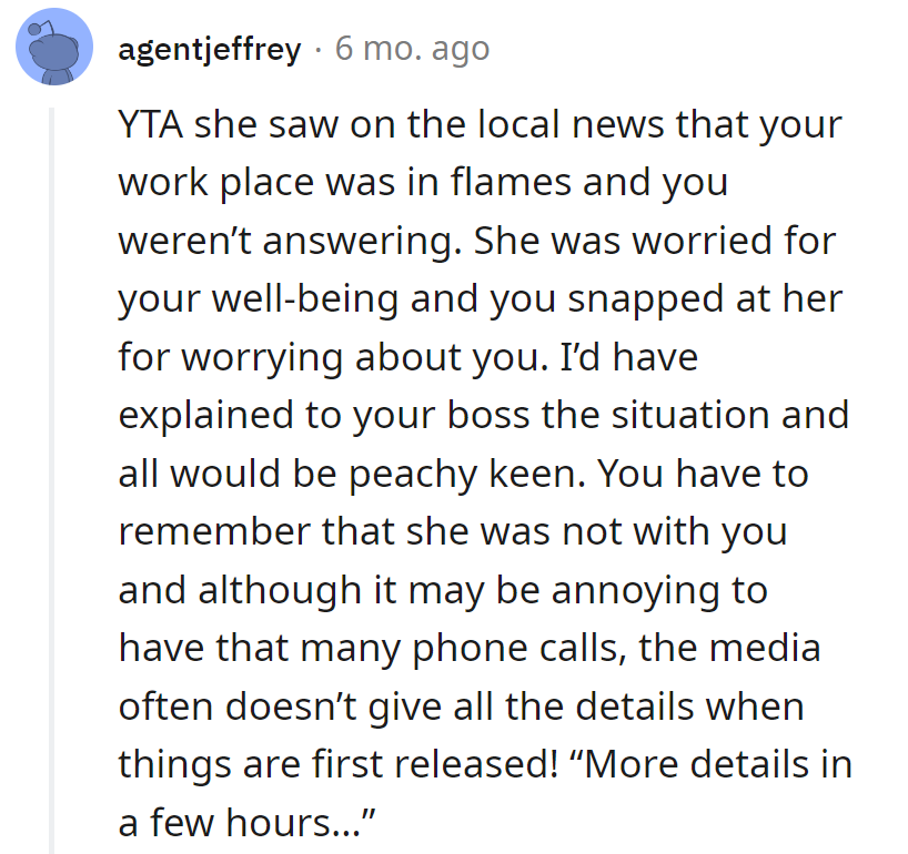 Flames on the news, MIA husband; she's worried. Boss explanation beats snapping.