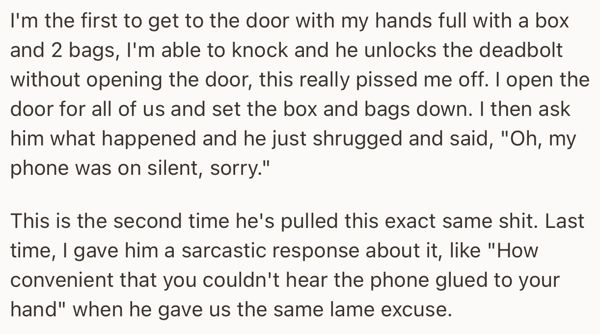 OP confronted Randall for failing to come down like they agreed, but he sounded nonchalant