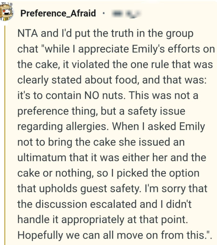 This was not about preference but a safety issue regarding allergies