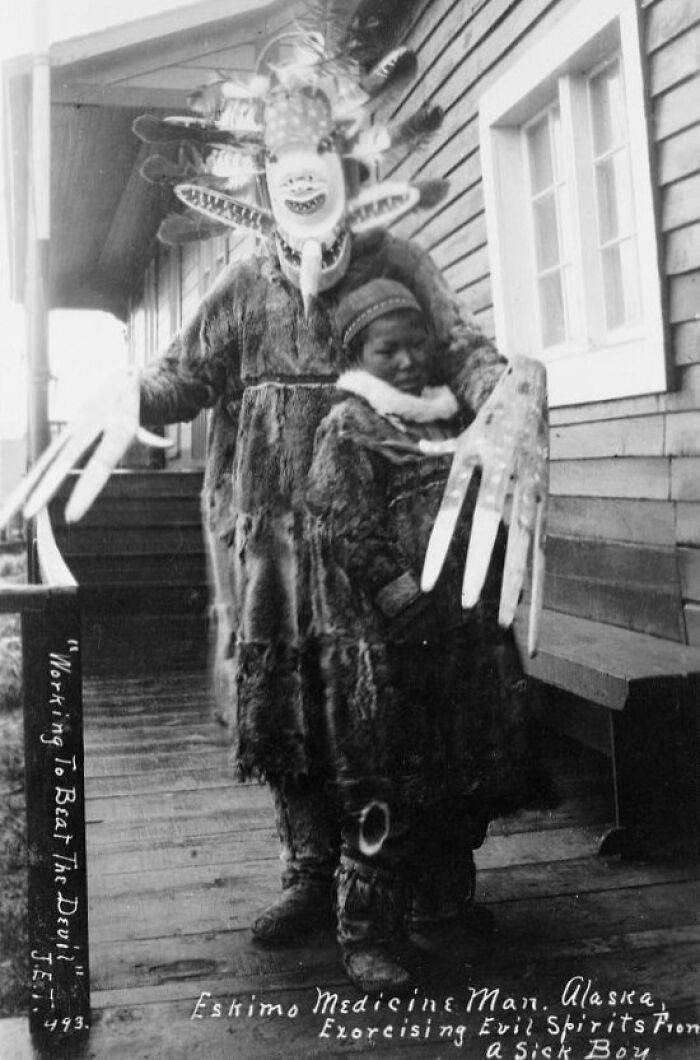 "Yup'ik Shaman Exorcising Evil Spirits From A Sick Boy, Nushagak, Alaska, 1890s"