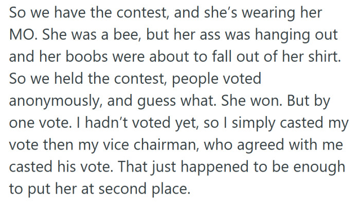 She won by a single vote, until the organizer and his vice chair decided to make their ballots count.