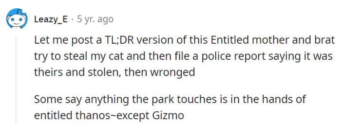 Entitled mom and brat attempted to catnap Gizmo, then claimed ownership, but Gizmo remained untouchable, defying their Thanos-like desires!