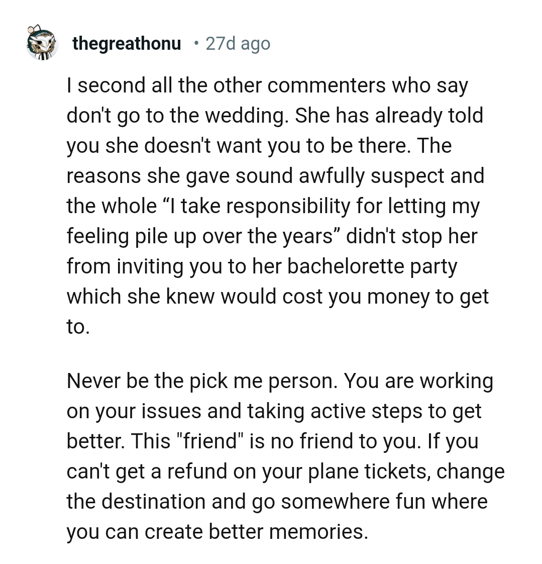 The OP is working on her issues and taking active steps to get better