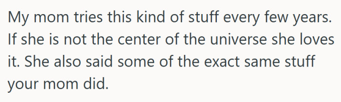 Apparently, “family trip” is code for “annual mom reminder that the world still revolves around her.”