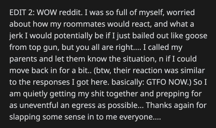 Finally, Reddit and his parents knocked some sense into OP.