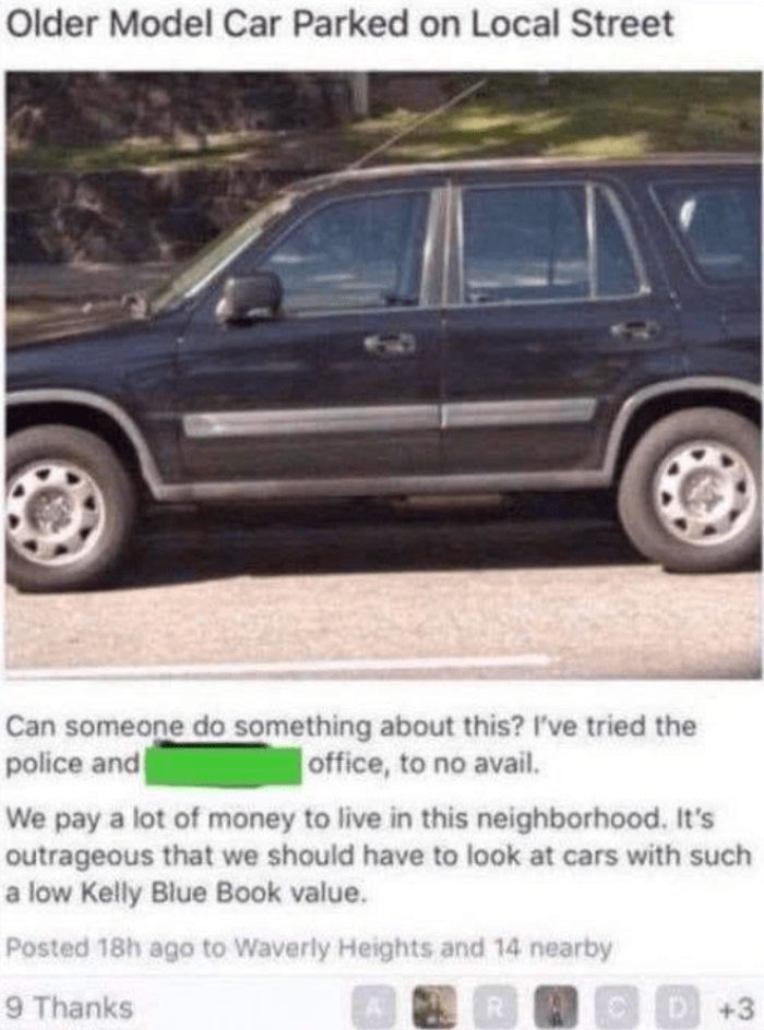 14. Entitled Karen Complains About an Old Car Obstructing Her View