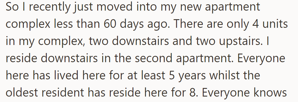 OP moved into a four-unit complex less than 60 days ago. The other residents have been there for 5 to 8 years.