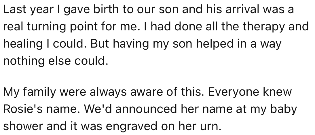 Thankfully, OP gave birth a year later, and her son was the medicine she needed to cure her depression