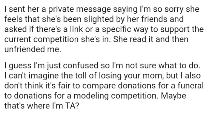 The OP doesn't think it's fair to compare donations for a funeral to donations for a modeling competition