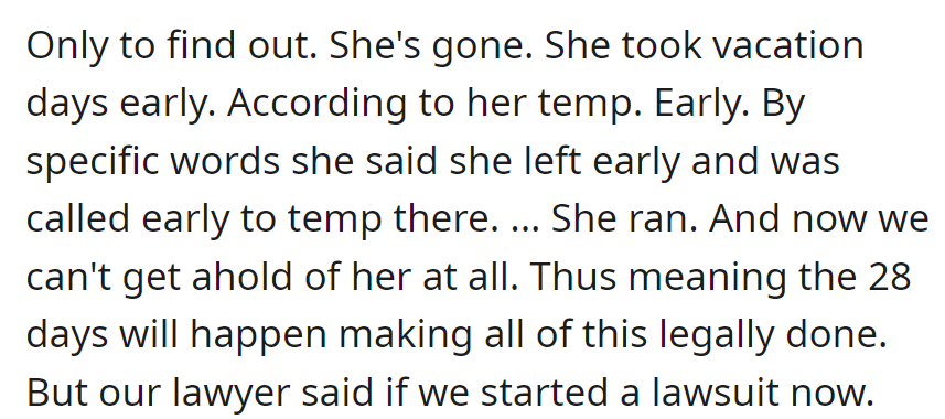 Discovered the landlord is on early vacation, unreachable. If legal action is not initiated now, the 28-day deadline for disposing of the couch will pass.