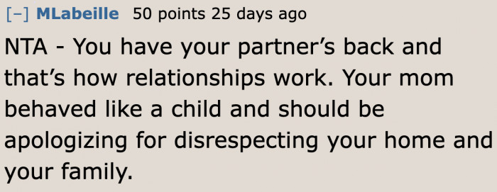 If there's someone who should apologize, it should be the OP's mom.