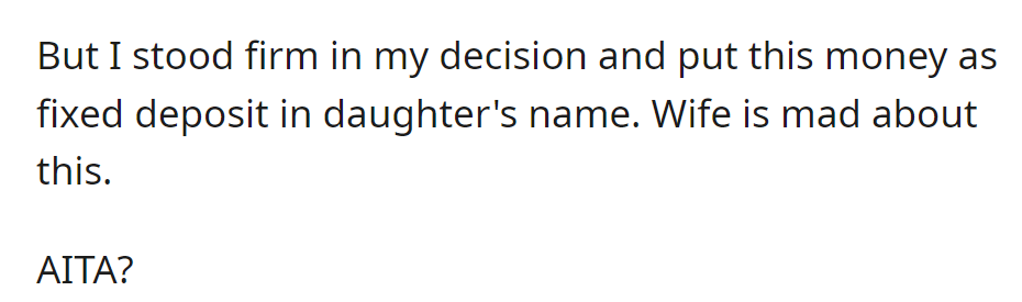 But OP stood firm on depositing the gratuity in his daughter's name; now his wife is upset. Is he an a-hole for it?