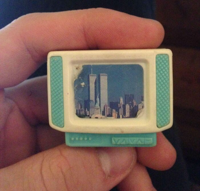 23. Homeowner found a dollhouse TV featuring the Twin Towers while cleaning up their attic